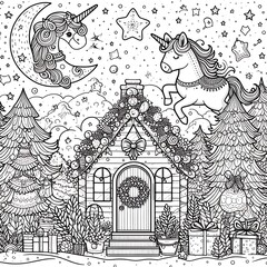 A coloring page of a house with a unicorn and a moon image realistic photo harmony illustrator