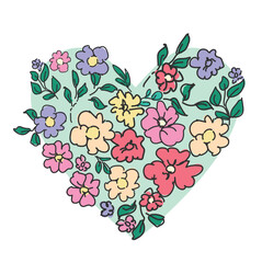 Hand drawn cute flowers and green leaves isolated white background vector