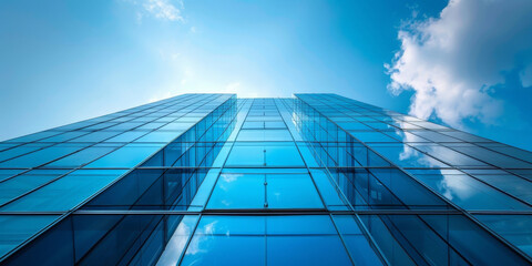 Low angle shot of blue glass building on blue sky background