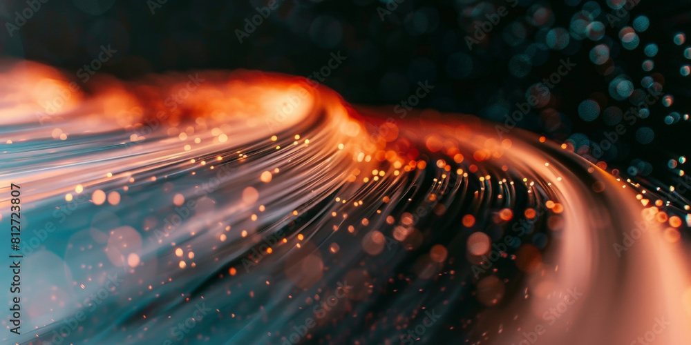 Poster abstract dark blue orange fast moving binary computer data. high speed motion blur, technology, mach