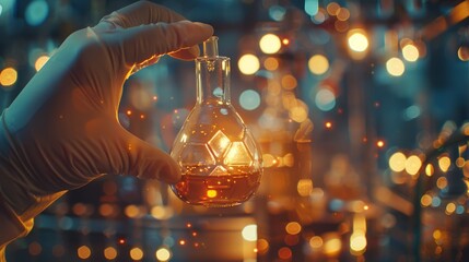 A person is holding a glass vial with a glowing liquid inside. The image has a dreamy, ethereal quality to it, with the glowing liquid and the person's hand creating a sense of wonder and curiosity