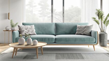 Photo of a modern living room interior with a turquoise sofa and wooden coffee table near a window against a white wall, a mockup for a product presentation.