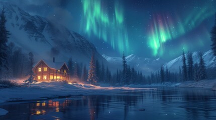 Beautiful winter night, with the Northern lights (Aurora Borealis) illuminating the sky. Deep snow covers the trees, and a wooden hut stands in the foreground.