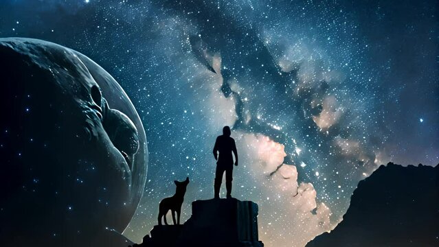 man look at starry sky night astrological. Man with dog at night 