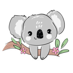 Hand drawn Cute little Koala with flowers and green leaves isolated on white background, kids design print for nursery vector illustration.