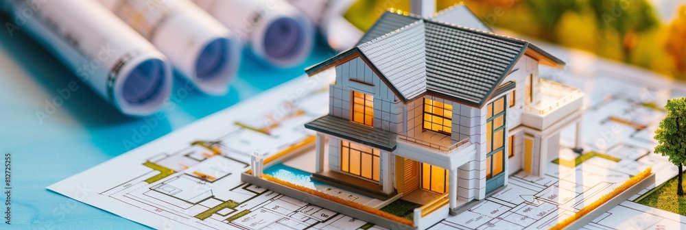 Poster 3d rendering project of new building model house on blueprint plan