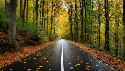 Obraz premium Black asphalt tarmac road leading through dense forest in autumn with lying scattered leaves