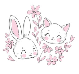 Hand drawn cute cat and rabbit with flowers vector illustration