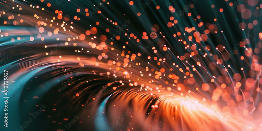 Poster abstract dark blue orange fast moving binary computer data. high speed motion blur, technology, mach