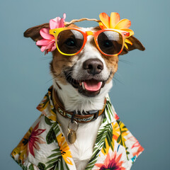 Happy smile dog wear sunglasses with summer season costume pets summer, lovely dog, holiday vacation