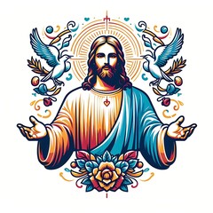 A colorful illustration of a jesus christ with his arms out attractive used for printing card design illustrator.