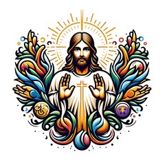 A colorful illustration of a jesus christ with his hands in his palms image art realistic photo photo illustrator.