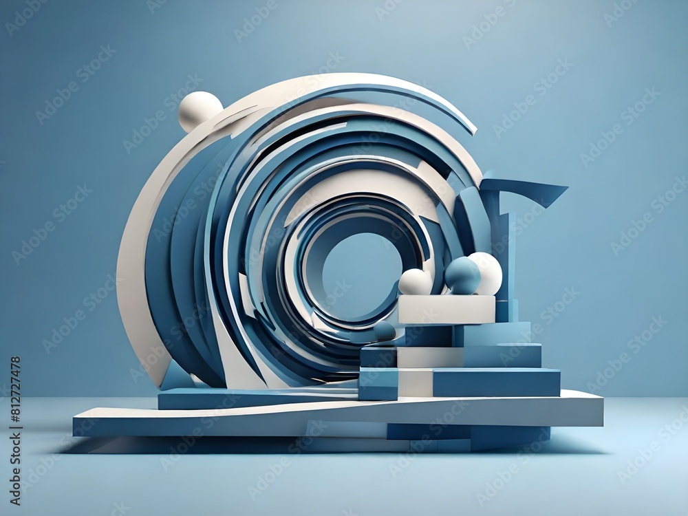Poster abstract 3d render, blue geometric composition design generative ai