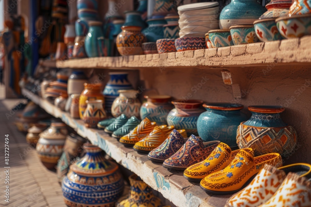 Poster a variety of colorful vases neatly arranged on a shelf. ideal for interior design concepts