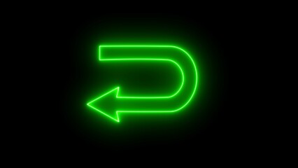 Glowing neon turn arrow icon. Neon abstract of left turn sign icon. Rotate left arrow on black background. Green U-turn arrow icon 3d illustration.