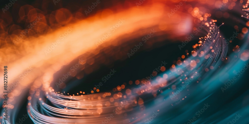 Poster abstract dark blue orange fast moving binary computer data. high speed motion blur, technology, mach