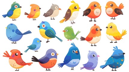 Colorful Cartoon Bird Icons in Diverse Styles and Designs