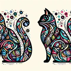 A couple of cats with colorful pa image realistic attractive harmony illustrator.