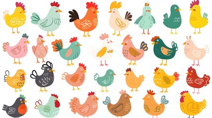 Colorful Illustrated Roosters and Chickens in Farmhouse Pattern Design