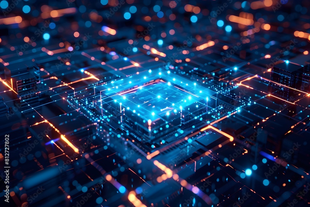 Wall mural a computer chip is lit up in a blue and orange color scheme. the chip is surrounded by a network of 