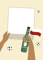 Soccer 2024. UEFA Football. European football championship. Empty Polaroid Frame. Transparent background. Hand holding poland flag and beer bottle. Support poland team. Vector. Concept of memories