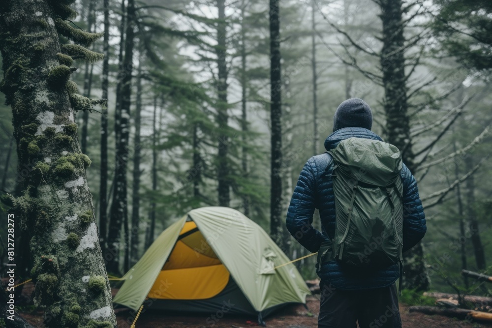 Poster Lone adventurer stands facing a misty pine forest beside a yellow tent, engulfed in tranquility