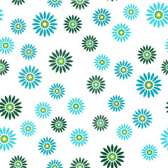 Many small green blue flowers on transparent background. Seamless pattern with daisies. Flower with many petals. Design in retro style for girls. Vector illustration for paper, textile, cards.