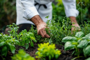 Fototapeta premium Food Ingredients: Chef Selecting Fresh Herbs and Spices from the Garden