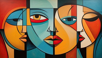 Dynamic Duality: Cubism Portrait of Two Women in Abstract Wall Art