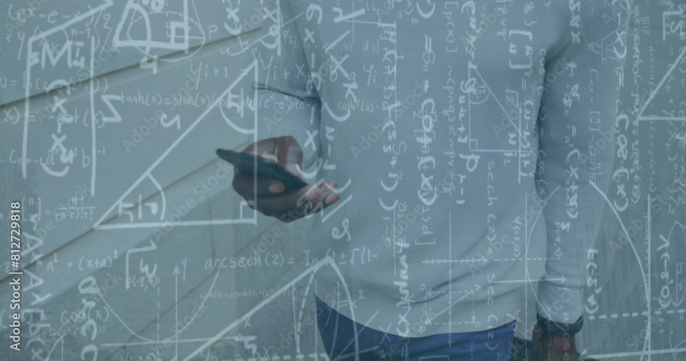 Poster image of mathematical data processing over african american businessman using smartphone