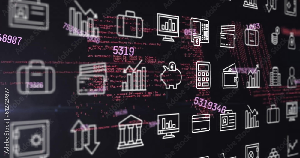Poster image of financial data processing and rows of business icons over dark background