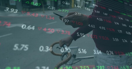 Image of financial data processing over african american businessman using smartphone