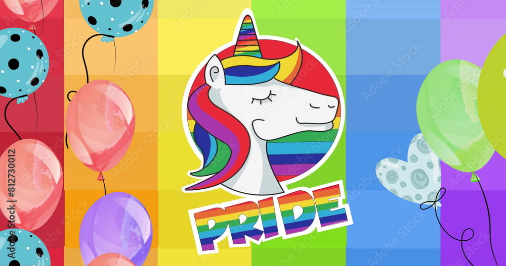 Poster image of pride text with unicorn and balloons on rainbow background