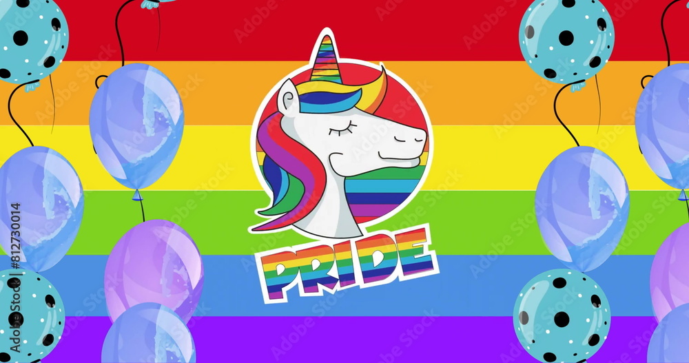 Poster image of pride text with unicorn and balloons on rainbow background