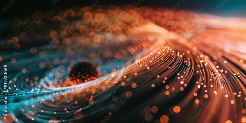 Poster abstract dark blue orange fast moving binary computer data. high speed motion blur, technology, mach