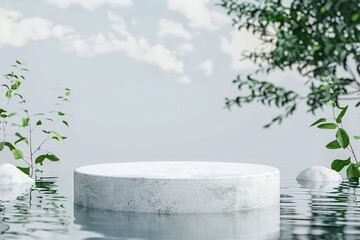 White stone podium, cosmetic display product stand with water reflection and nature leaves background. Trendy 3d render for social media banners. generative ai.