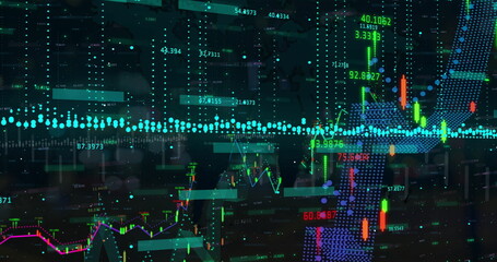 Image of statistic charts and data processing on black background