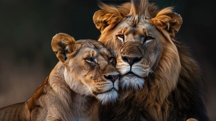 lion and a lioness cuddling, photorealism style