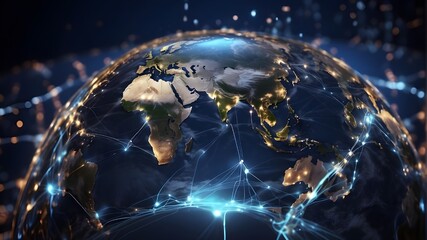 The concept of a global network and connectivity on Earth, the digital globe, cyber technology and fast data transfer, information sharing, and international