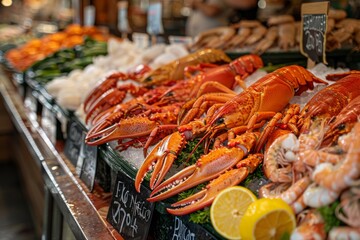 Food Ingredients: Fresh Seafood Display at a Seafood Market with Lobsters and Crabs