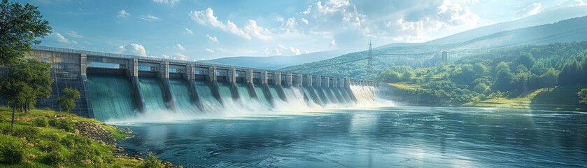 The artistic representation of a hydroelectric dam functioning, highlighting the generation of renewable energy through dynamic water currents and verdant landscapes