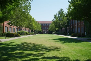 Fototapeta premium Tranquil and serene university campus walkway surrounded by lush greenery. Modern buildings. And peaceful