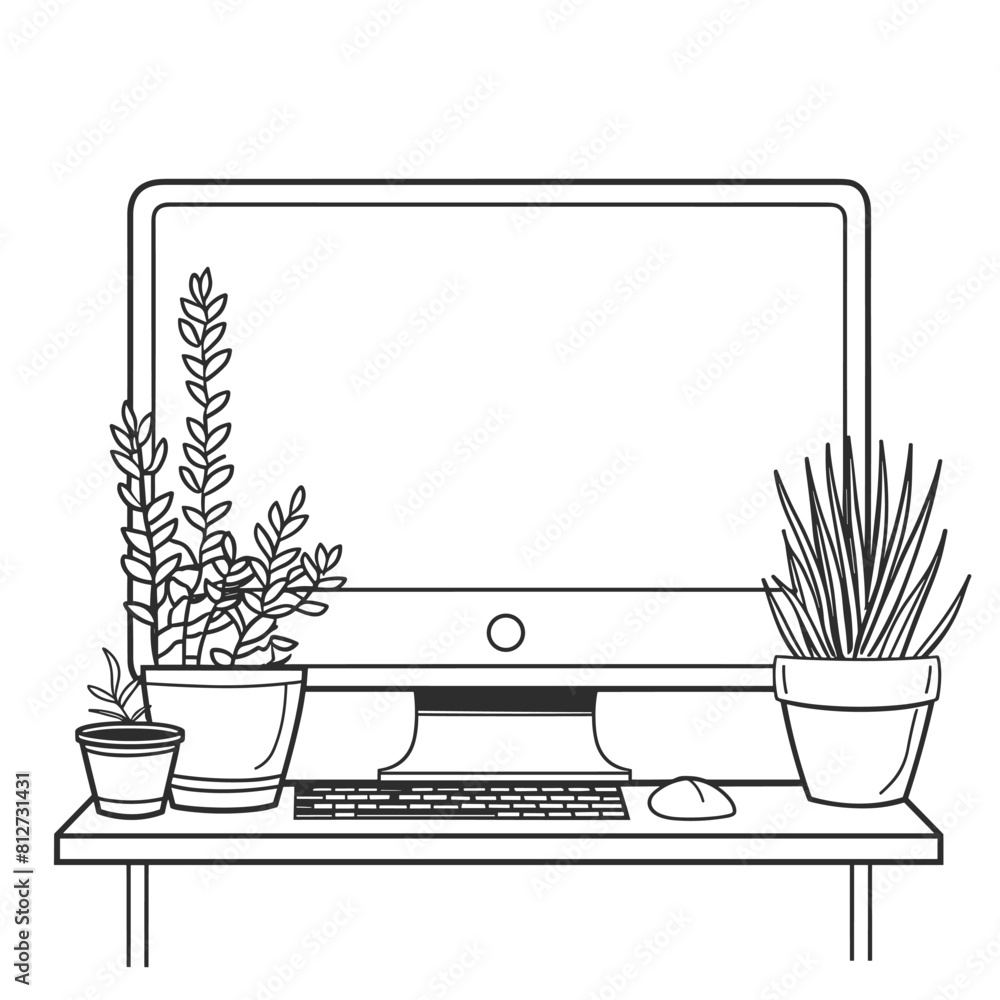 Poster minimalist desktop setup with potted plants and computer monitor.