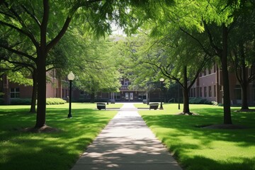 Tranquil and peaceful university campus pathway with treelined walkway, serene and sunny day, lush foliage, and calm, idyllic scenery, perfect for higher education learning environment
