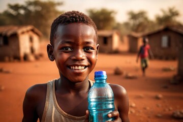 Happy african boy holding water bottle to quench thirst during drought