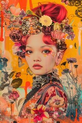 A vibrant and fantastical portrait blends a young woman with nature and floral elements artistically