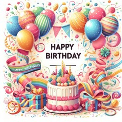 Fototapeta premium birthday cards card with a cake and balloons art attractive has illustrative meaning illustrator.