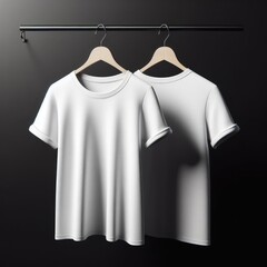 A pair of white t shirt mockups on a rack image realistic has illustrative meaning has illustrative meaning card design illustrator.