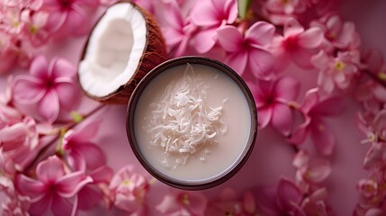 Coconut Milk in Bowl with Shredded Coconut and Pink Flowers, Tropical Beverage, Top-Down View, Exotic and Fresh, Natural Ingredients