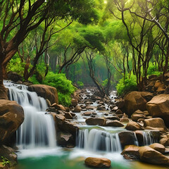 A painting of a stream with moss covered rocks and a waterfall.
